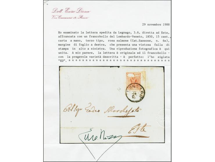 "LEGNAGO 3/6", EKr., sauber auf Handpapier 15 Centesimi, breitrandiges rechtes Randstück mit großem Druckausfall im Bereich d