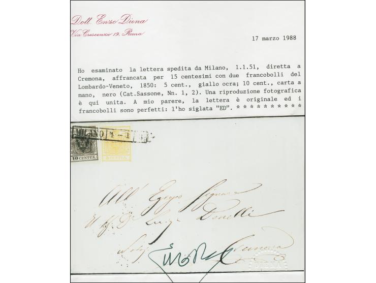 "MILANO/1-1/51", Ra. auf Handpapier 5 Centesimi und 10 Centesimi, voll- bis breitrandig und farbfrisch, auf Briefhülle nach C