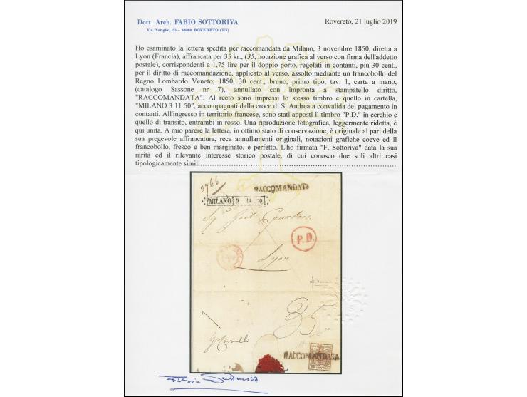 "MILANO 30 11 50", Ra. sauber auf bar bezahltem eingeschriebenen Faltbrief nach Lyon, rückseitig frankiert mit Handpapier 30 