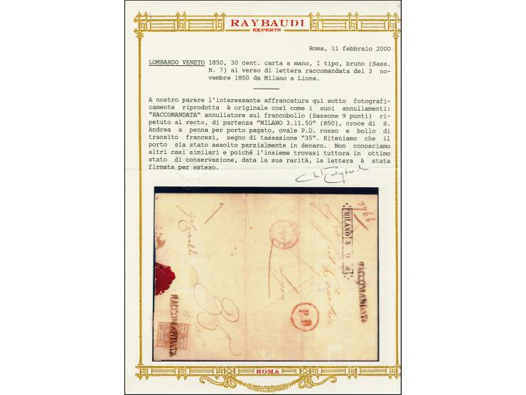 "MILANO 30 11 50", Ra. sauber auf bar bezahltem eingeschriebenen Faltbrief nach Lyon, rückseitig frankiert mit Handpapier 30 