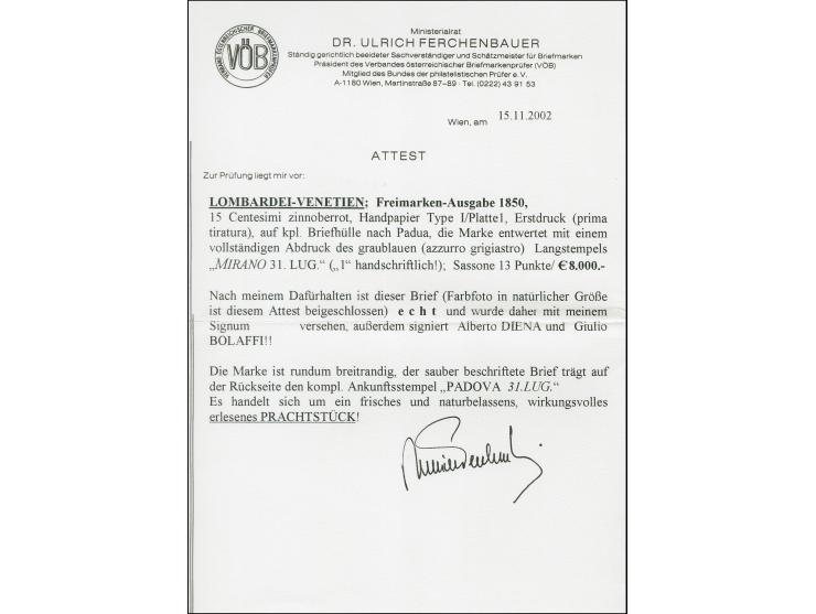 "MIRANO 31 LUG.". L2 in graublau, klar abgeschlagen auf Erstdruck 15 Centesimi, auf Briefhülle nach Padua. Ein sehr schöner B