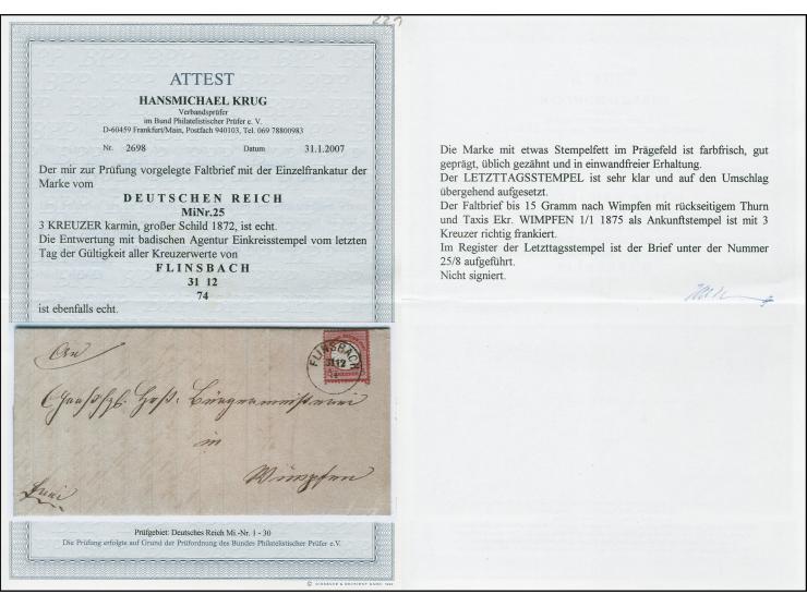 3 Kreuzer karmin, farbfrisch, gut geprägt und üblich gezähnt mit klarem EKr. “FLINSBACH 31.12.74” auf komplettem Faltbrief na