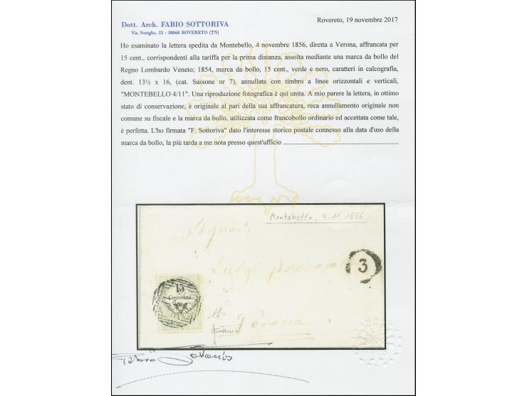 "MONTEBELLO 4/11", Strich-Kreisstempel auf Stempelmarke 15 Centesimi, auf komplettem Faltbrief nach Verona. Signiert Alberto 