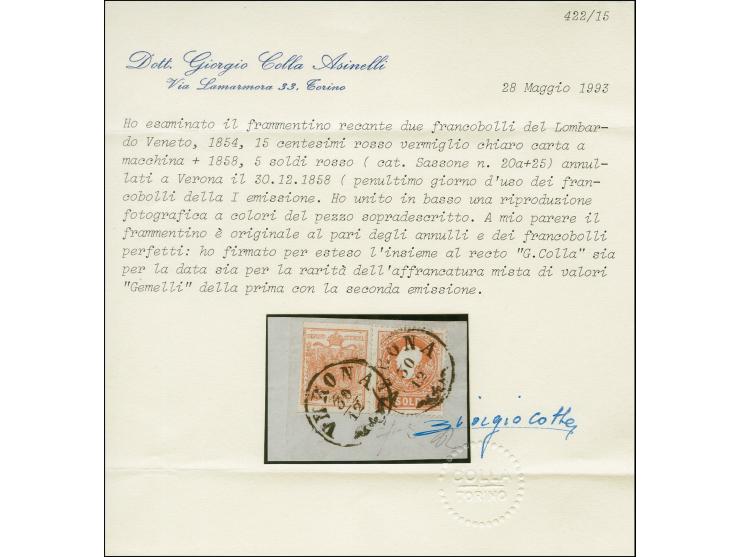 "VERONA 30/12", EKr. auf Maschinenpapier 15 Centesimi, noch voll- bis meist breitrandig, in Mischfrankatur mit 1858, 5 Soldi,