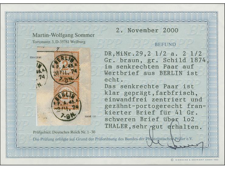 2½ auf 2½ Groschen braunorange, farbfrisch, gut geprägt und gut gezähnt im senkrechten Paar mit je klarem EKr. “BERLIN P.A.45