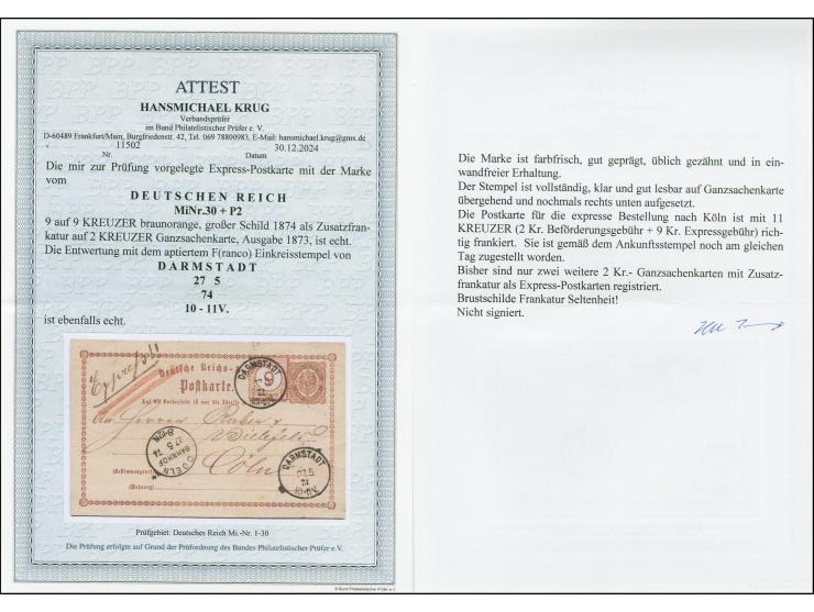 9 auf 9 Kreuzer braunorange, farbfrisch, gut geprägt und üblich gezähnt mit rundem Eckzahn, sauber mit EKr. “DARMSTADT 27.5.7