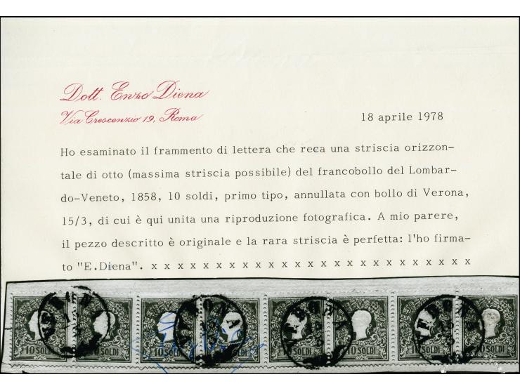 "VERONA 15/3", EKr., auf 1858, 10 Soldi in Type I, waagerechter 8er-Streifen, auf Briefstück. Farbfrisch und gut gezähnt, zwi