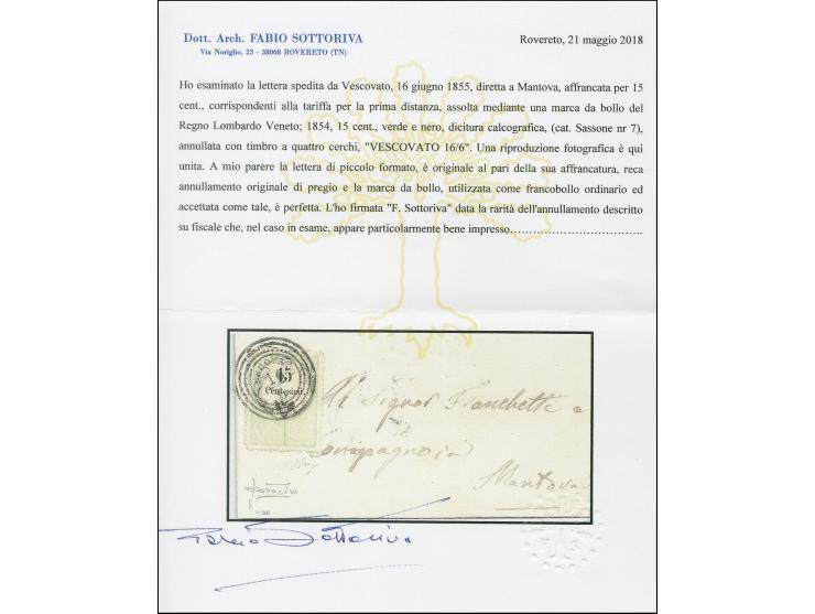 "VESCOVATO 16/6", Vierkreisstempel auf Stempelmarke 15 Centesimi, auf kleiner Briefhülle 1855 nach Mantua. Signiert Sottoriva