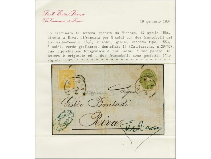 "VICENZA 15/4", EKr. auf 1858, 2 Soldi, Type II, in Mischfrankatur mit 1863, 3 Soldi, auf Faltbrief nach Riva. Eine schöne un