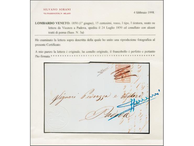 VICENZA: alleinige handschriftlicher Entwertung auf Erstdruck 15 Centesimi, auf Faltbrief vom 24.7.1850 nach Padua. Signiert 