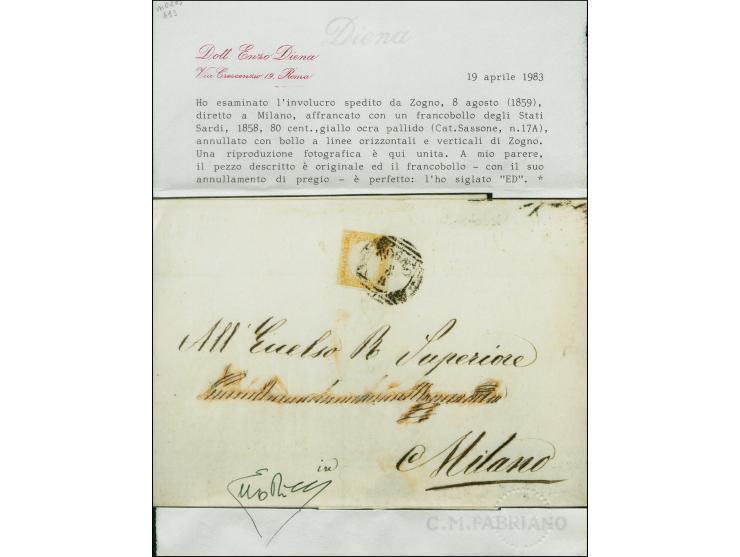 "ZOGNO 8/8", Strich-Kreisstempel auf Sardinien 80 Centesimi, noch voll- bis breitrandig, auf Briefhülle nach Mailand. Ein Tei