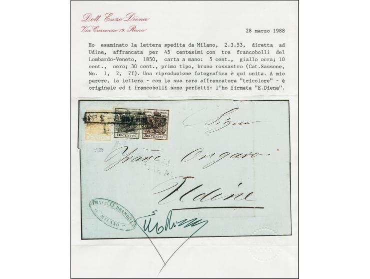 "MILANO/2-3/53", Ra. auf Handpapier 5 Centesimi, 10 Centesimi und 30 Centesimi, alle breitrandig, auf Briefhülle nach Udine. 