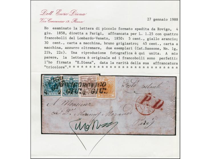 "ROVIGO 4 GIU.", L2 auf Handpapier 5 Centesimi und Maschinenpapier 30 Centesimi sowie 2 Einzelwerte 45 Centesimi, alle voll- 