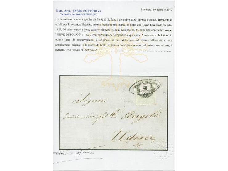 "PIEVE DI SOLIGO 1-12", Ovalstempel auf Stempelmarke 30 Centesimi, Ziffer im Buchdruck, auf Briefhülle nach Udine. Signiert S