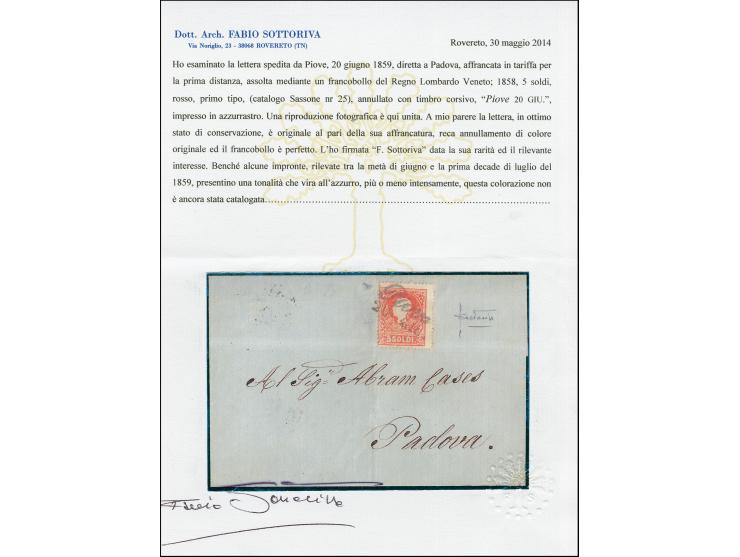 "Piove 20 GIU.", L2 in blauschwarz (azzurrastro) auf 1858, 5 Soldi, Type I, auf Briefhülle nach Padua. Signiert Sottoriva mit