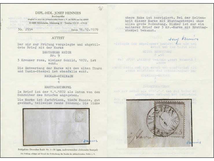 3 Kreuzer karmin, farbfrisch, deutlich geprägt mit teils kurzen Zähnen unten, mit klarem EKr. "NECKAR-STEINACH 1.1.(72) auf k