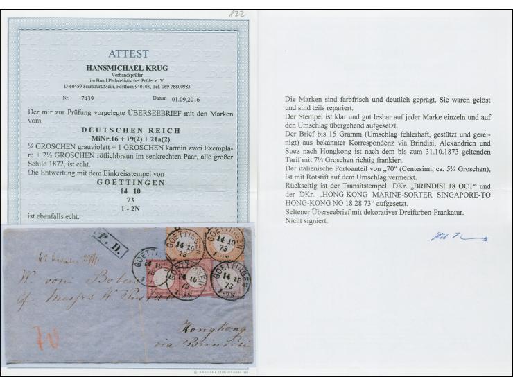 ¼ Groschen grauviolett, zwei Einzelmarken 1 Groschen karmin und senkrechtes Paar 2½ Groschen rötlichbraun je mit EKr. “GOETTI