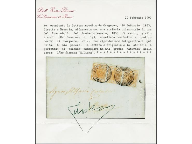 "GARGNANO 20/2", Vierkreisstempel, sauber auf Handpapier 5 Centesimi gelborange im waagerechten 3er-Streifen, voll- bis meist