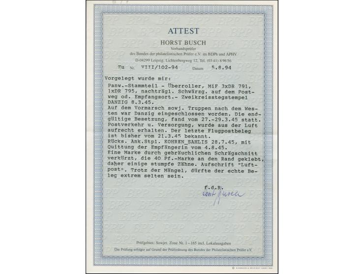 Späte Post: 1945, Hitler 40 Pfennig und senkrechtes Paar und Einzelmarke 20 Pfennig je mit Stempel “(5a)DANZIG 1 s 8.3.45” (W