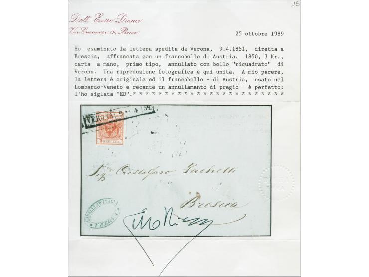 "VERONA/9-4/51", Ra. auf Österreich 3 Kreuzer Handpapier, voll- bis breitrandig, auf Briefhülle nach Brescia. Signiert Enzo D