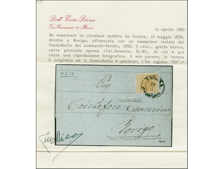 "VERONA 10/5", DKr., auf Handpapier 5 Centesimi (giallo bistro), voll- bis breitrandig, auf kompletter Drucksache nach Rovigo