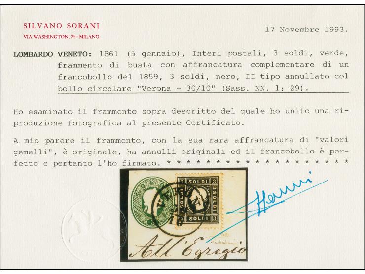 "VERONA 30/10", EKr. auf 1858, 3 Soldi schwarz, Type II, auf Ausschnitt aus Ganzsachenumschlag 1861,3 Soldi grün. Schöne und 