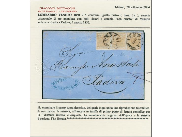 "VENEZIA 3/8", Zier-EKr., auf Handpapier 5 Centesimi strohgelb im waagerechten 3er-Streifen, voll- bis breitrandig, auf Brief