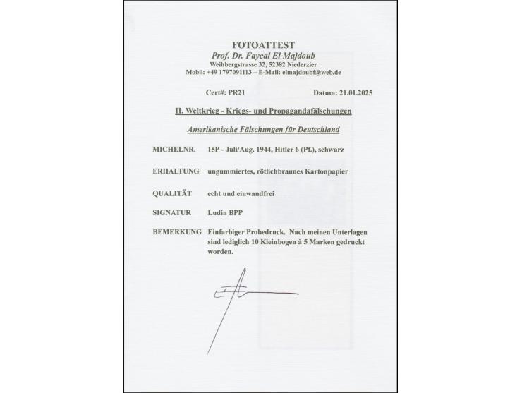 Hitler 6 Pfg., Probedruck in schwarz auf ungummiertem rötlichbraunen Kartonpapier mit breiten Seitenrändern, tadellos, sehr s