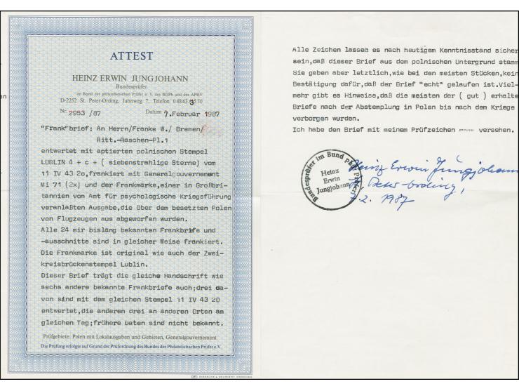 Frank-Marke 20 Gr. zusammen mit Hitler 2 Gr. im senkrechten Paar mit Stempel “LUBLIN 4 * c * 11 VI 43 20” auf Brief adressier