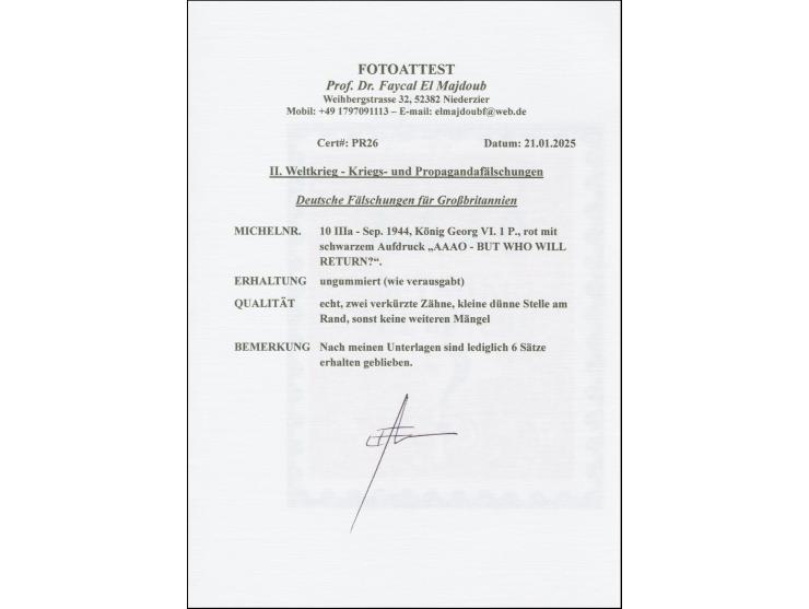 1944, &nbsp;"AAAO - BUT WHO WILL RETURN?" 1d. rot, ohne Gummi, zwei verkürzte Zähne und kleine dünne Stelle im Rand, vollkomm