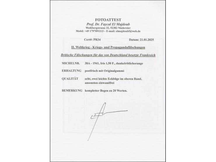 1941, Iris 1,50F. dunkelrötlichorange, kompletter Bogen zu 20 Werten, postfrisch, oben im Rand zwei leichte Eckbüge, sonst ta