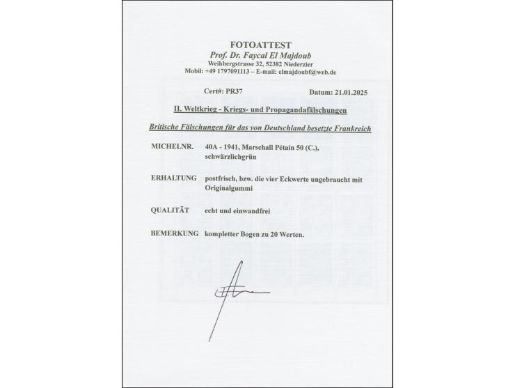 1941, Petain 50C. schwärzlichgrün, kompletter Bogen zu 20 Werten, postfrisch bzw. die vier Eckwerte ungebraucht, tadellos, Fo