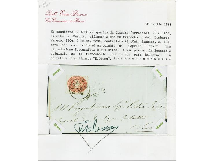 "CAPRINO 20/6", EKr., auf 1864, 5 Soldi, auf komplettem Faltbrief nach Verona. Signiert Enzo Diena mit Attest (1988) (Sassone