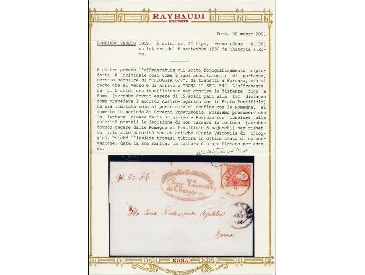 "CHIOGGIA 6/9", EKr., klar auf 1858, 5 Soldi, Type II, auf kleiner unterfrankierter, aber nicht nachtaxierter Briefhülle (Kir