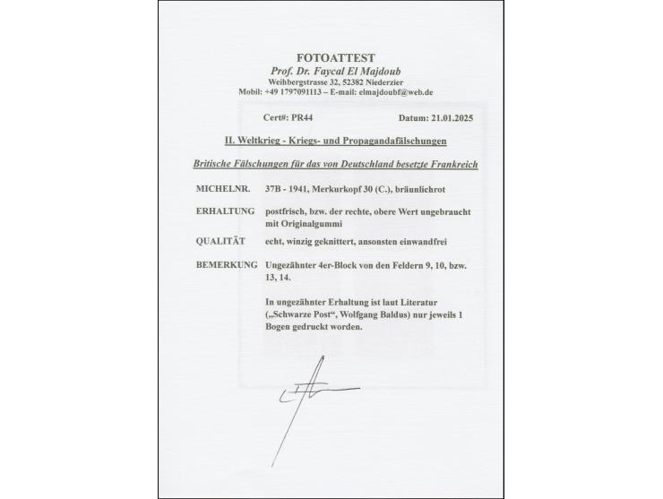 1941, Merkur 30 C. bräunlichrot, ungezähnter 4er-Block, drei Werte posftrisch, der linke obere ungebraucht, winzig geknittert