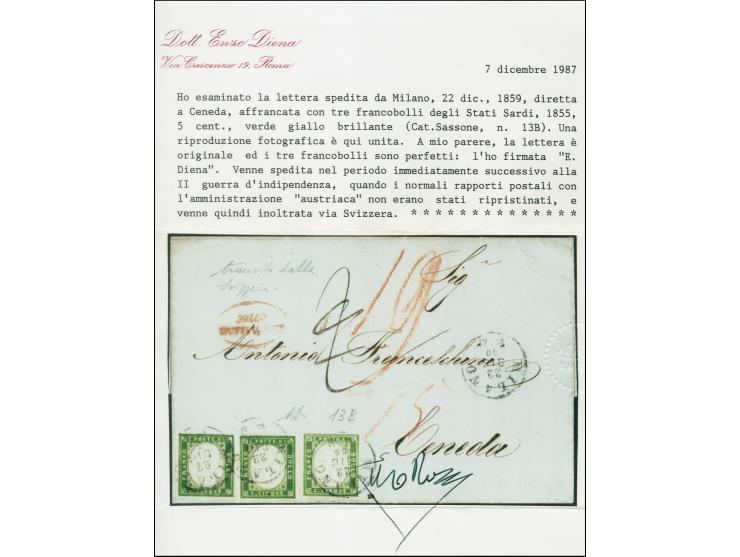 "MILANO 22 DIC.59"; sardischer EKr., auf Sardinien 1859, Centesimi gelbgrün, 3 Einzelwerte, noch voll- bis breitrandig, auf F