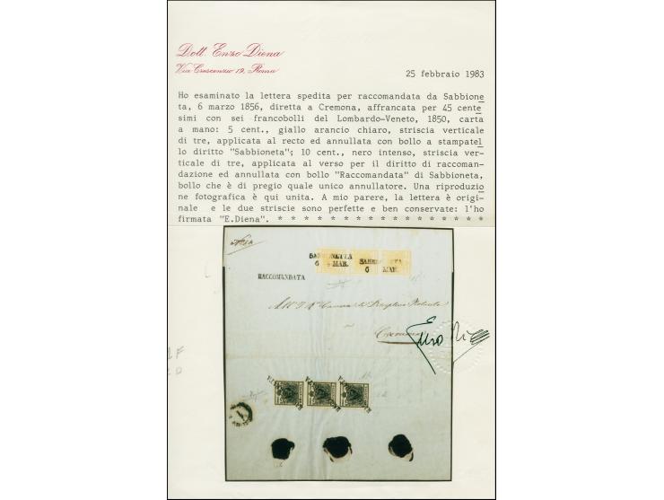 "SABIONETTA 6 MAR.", L2, sauber auf Handpapier 5 Centesimi im senkrechten 3er-Streifen, kurz lupen-sonst meist breitrandig, a