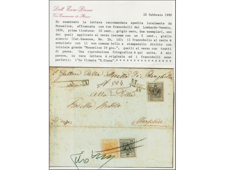 "MONSELICE 19 GIU.", L2, auf Erstdruck 10 Centesimi grau schwarz auf recommandirter Ortsbrief-Hülle, rückseitig frankiert mit