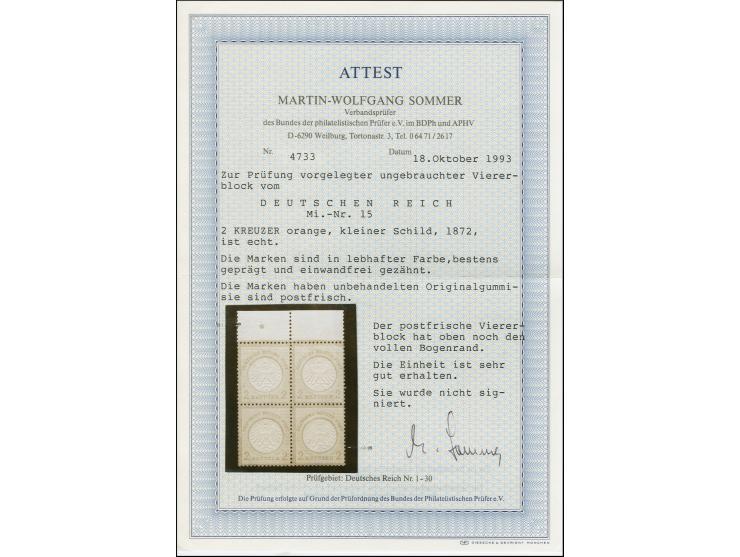 1872, kleiner Schild 2 kr. orange im Viererblock vom Bogenrand, farbfrisch, postfrisch, in einwandfreier Erhaltung, Fotoattes