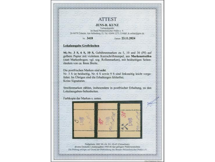 1945, Gebührenzettel 5, 10 und 30 Pfg. auf gelbem Papier mit violettem Kurzschriftstempel, aus Markenstreifen mit ca. 8mm lin