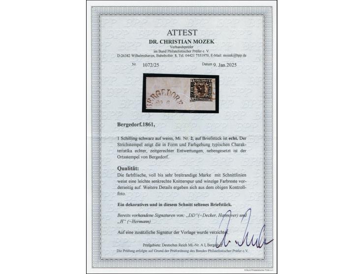 1867, 1 Schilling schwarz auf weiß, farbfrisch, voll- bis sehr breitrandig geschnitten, unten mit kleinem Teil der Nachbarmar