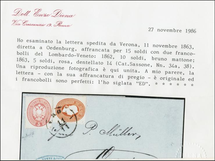 "VERONA 11/11", EKr., auf 1861, 10 Soldi, in Mischfrankatur mit 1863, 5 Soldi, auf Briefhülle nach Oedenburg. Schönes Stück. 
