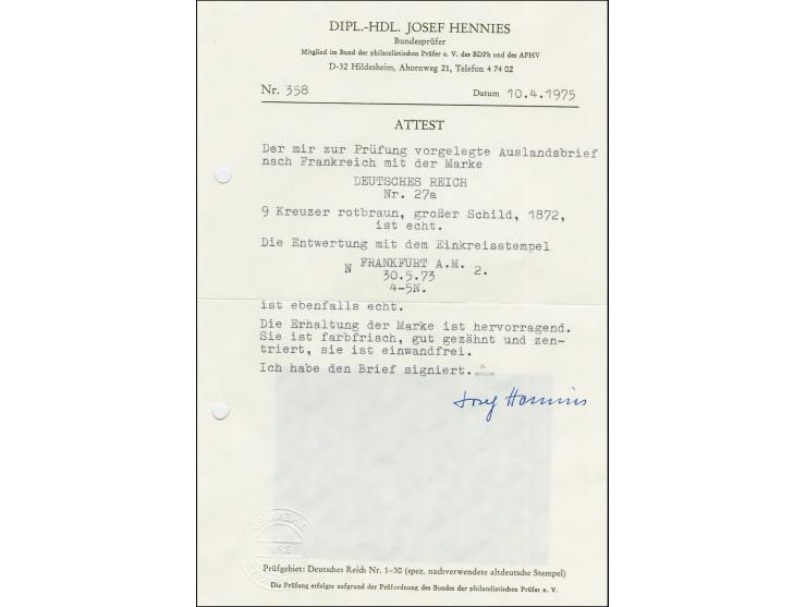 1872, 9 Kr. mittelrötlichbraun, farbfrisch und gut gezähnt, mit sauberem Stempel “FRANKFURT A.M. 30 5 73” auf Faltbrief nach 