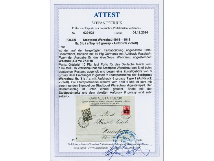 1915, Stadtpostmarke 6 Gr. auf 5 Gr. mit violettem Aufdruck, Oberrandstück mit Stadtpostsiegel auf Firmenvordruckbrief mit Ge