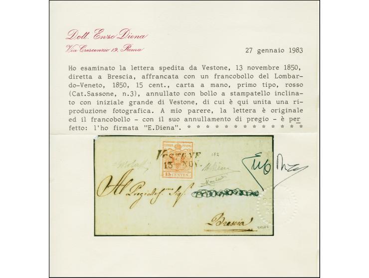 "VESTONE 13.NOV.", L2, auf Handpapier 15 Centesimi, allseits breitrandig, auf kleiner Briefhülle nach Brescia. Name in der Ad