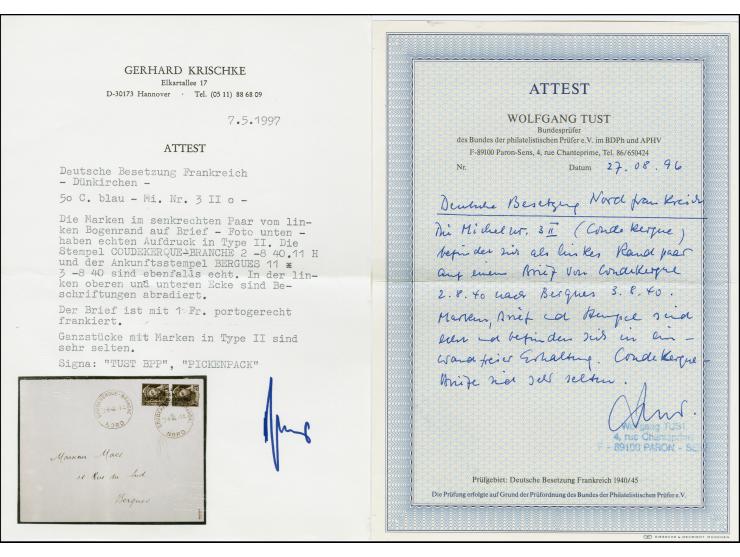 1940, Merkur 50 C. blau im senkrechten Seitenrandpaar, Aufdrucktype II, sauber mit auf- und nebengesetztem EKr. “COUDEKERQUE-