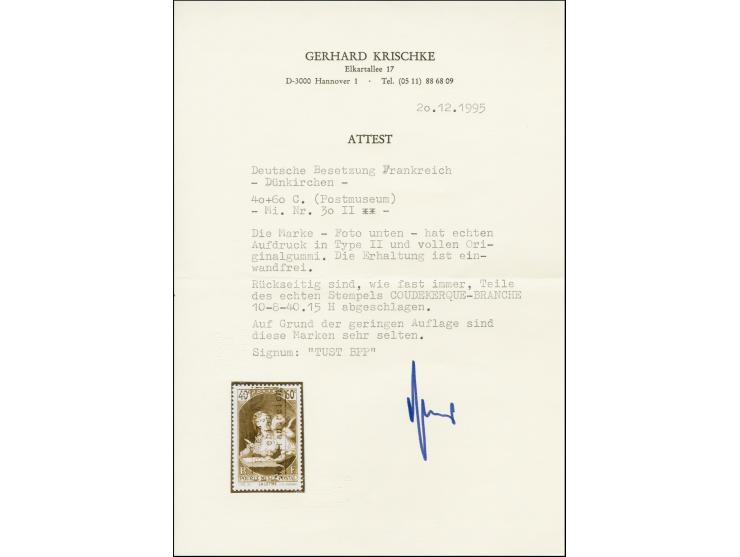 1940, Postmuseum 40 C. mehrfarbig mit Aufdrucktype II, postfrisch, rückseitig mit Teilabschlag des Poststempel “Coudekerque-B