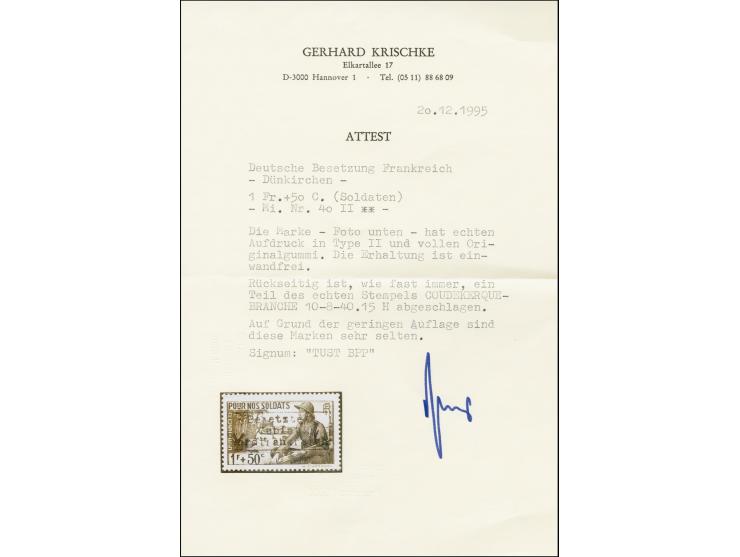 1940, Soldaten 1,50 Fr. dunkelgrünlichblau mit Aufdrucktype II, postfrisch, rückseitig mit Teilabschlag des Poststempel “Coud