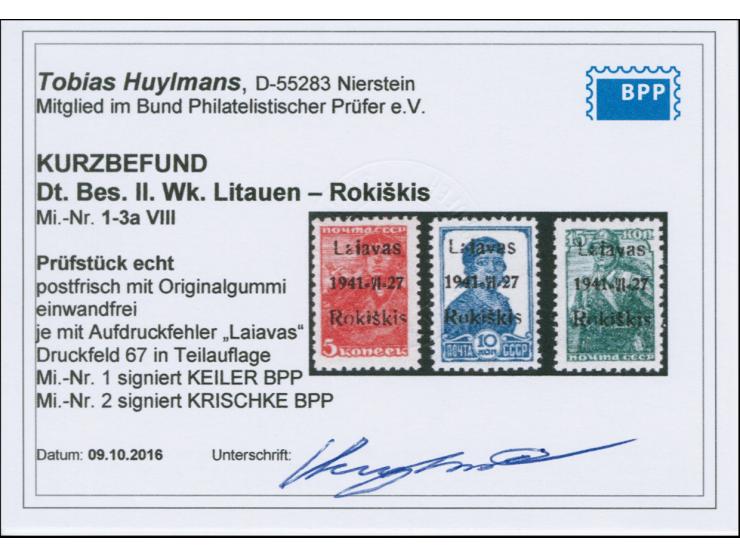 1941, 5-15 K. einheitlich mit Aufdruckfehler “Laiavas statt Laisvas”, postfrisch, tadellos, selten, je nur in einer Teilaufla