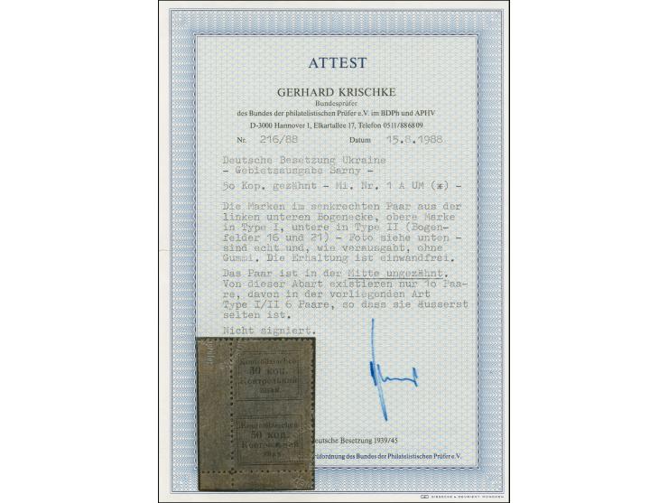 1941, 50 Krb. im senkrechten Paar, Typen I und II, aus der linken unteren Bogenecke, waagerecht ungezähnt, ohne Gummi, ein se